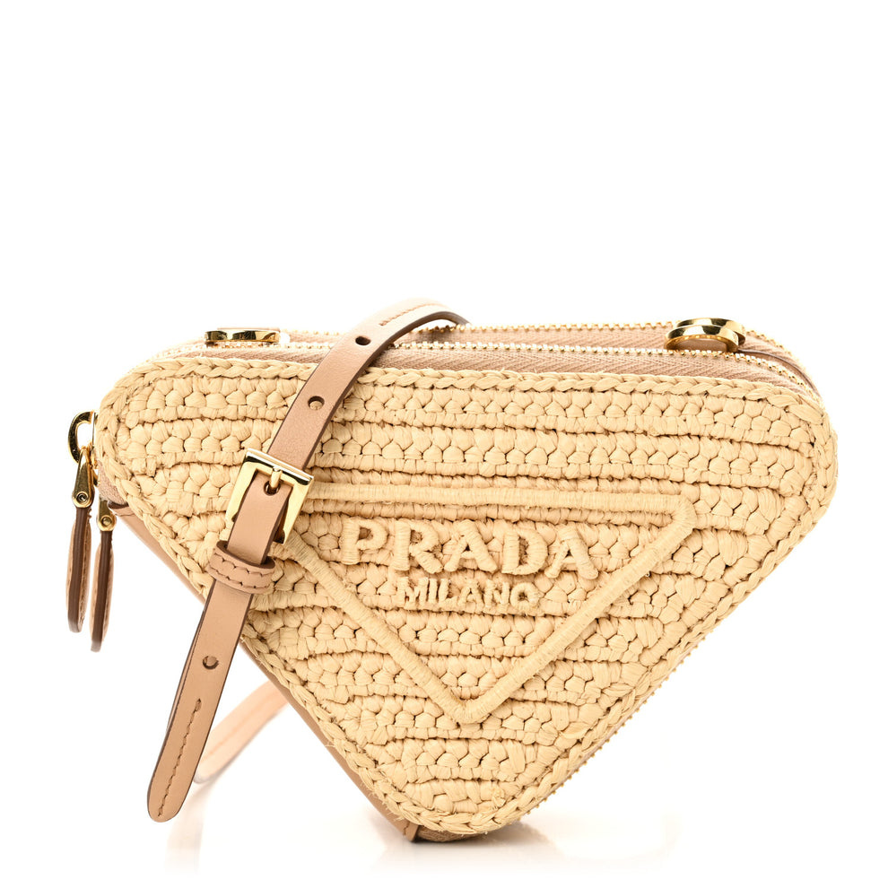 Raffia Calfskin Crochet Logo Embroidered Mini Triangle Crossbody Pouch Naturale