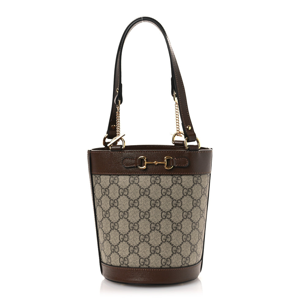 GG Supreme Monogram Azalea Sakai Calfskin Small Horsebit 1955 Drawstring Bucket Bag Beige Ebony Brown Sugar
