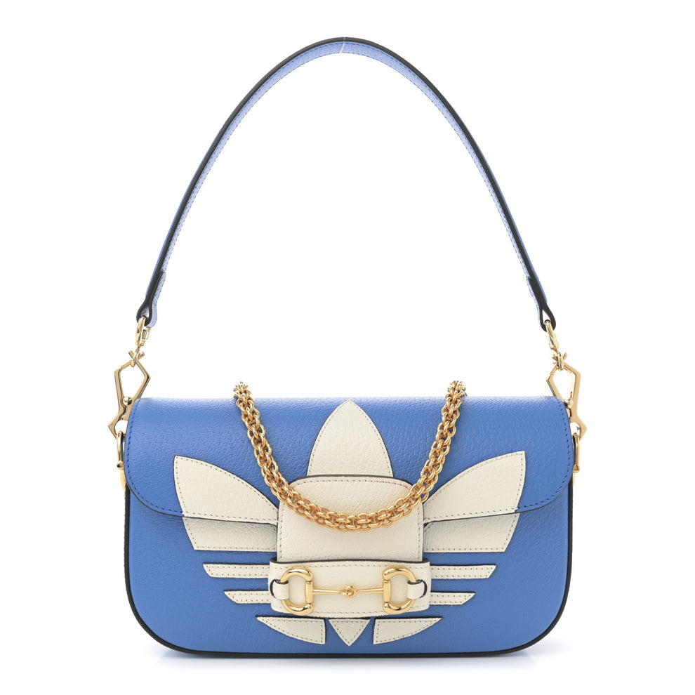 X ADIDAS Textured Dollar Calfskin Web Small Trefoil Horsebit 1955 Shoulder Bag Blue Off White