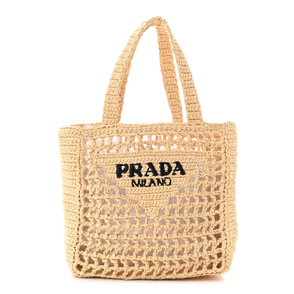 Yarn Raffia Effect Crochet Logo Embroidered Small Tote Bag Naturale