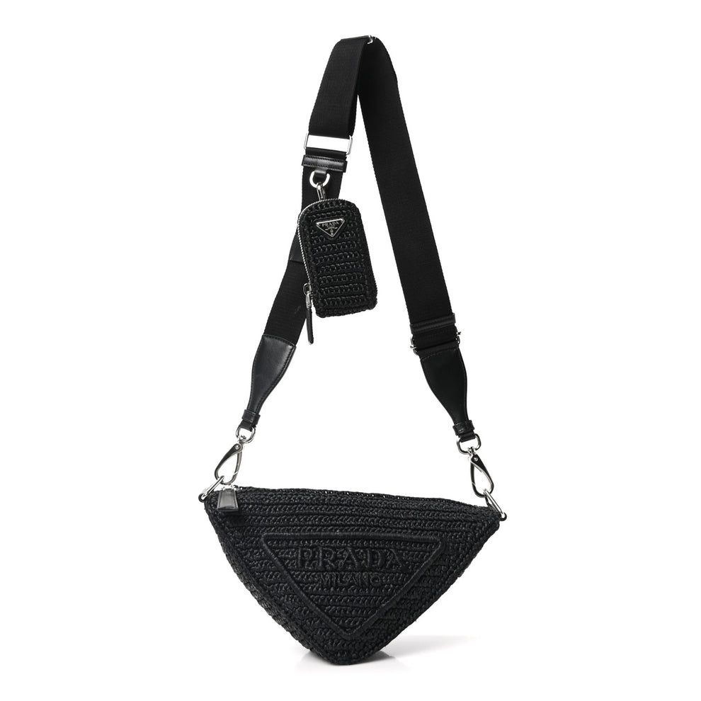 Yarn Raffia Effect Crochet Triangle Shoulder Bag Black