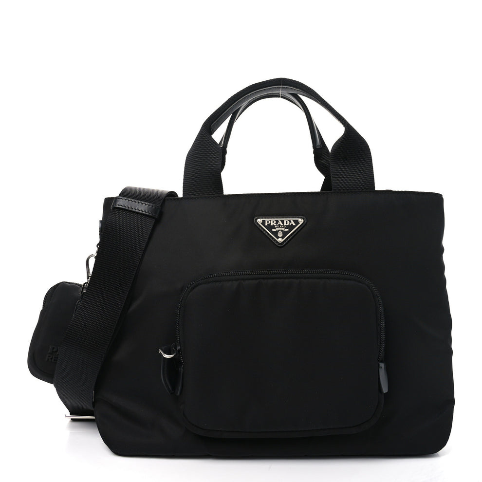 Re-Nylon Saffiano Metal Triangle Logo Briefcase Black