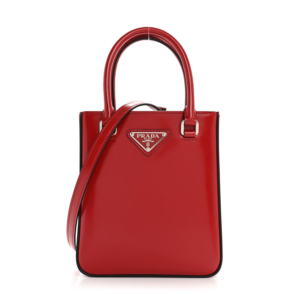 Spazzolato Metal Triangle Logo Small Double Handle Crossbody Tote Scarlatto