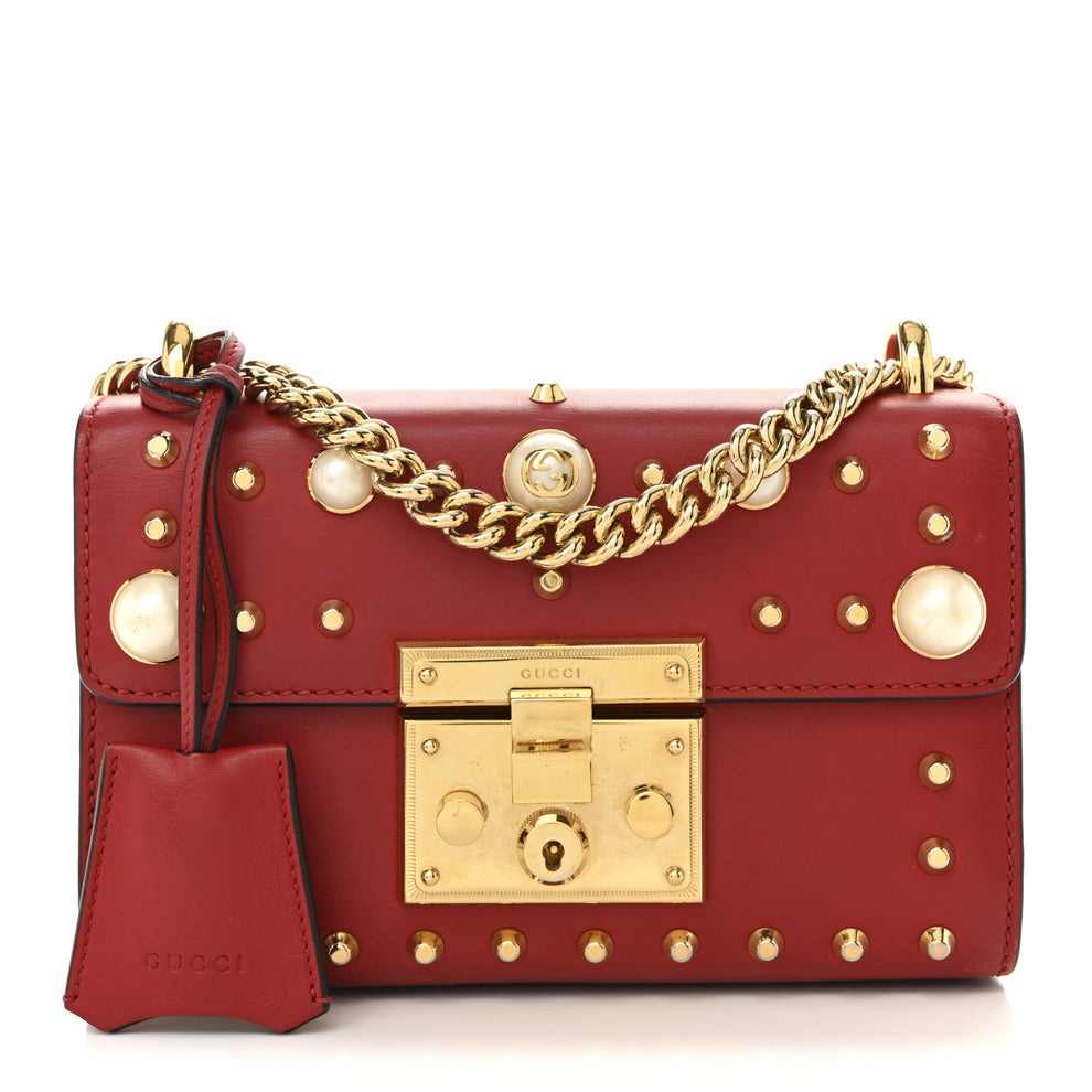 Calfskin Studded Small Padlock Shoulder Bag Hibiscus Red