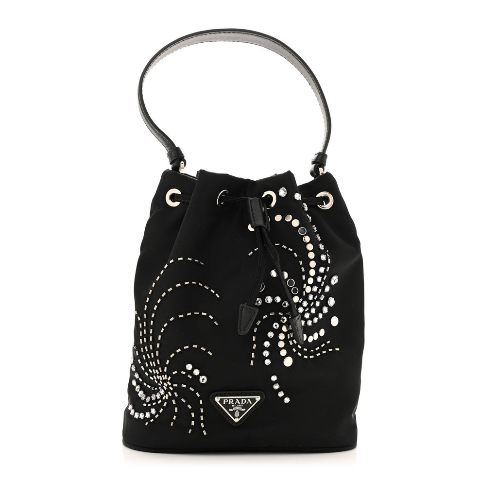 Tessuto Saffiano Ricamo Sequin Crystal Embellished Mini Re-Edition 1978 Bucket Bag Black