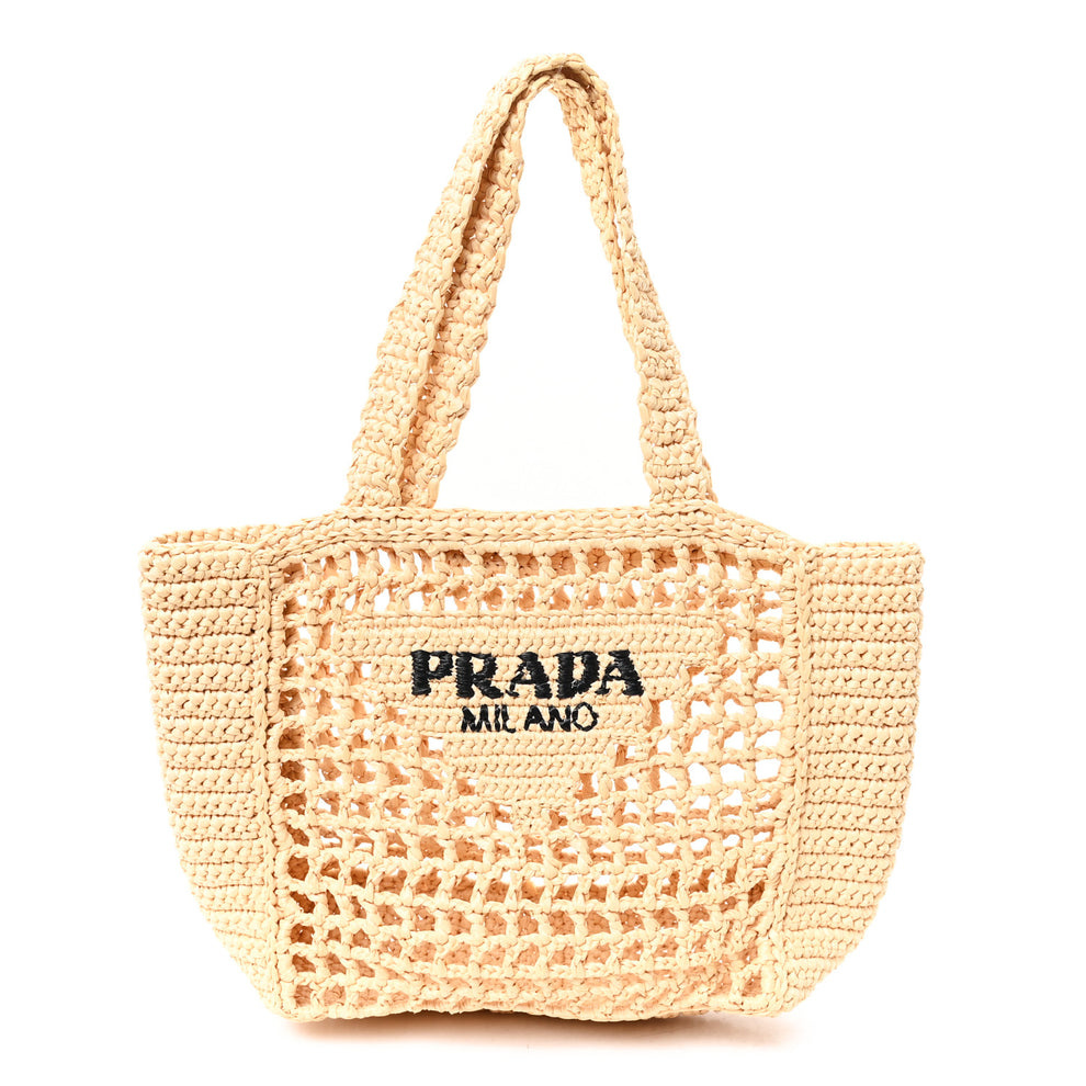 Yarn Raffia Effect Crochet Logo Embroidered Small Tote Bag Naturale