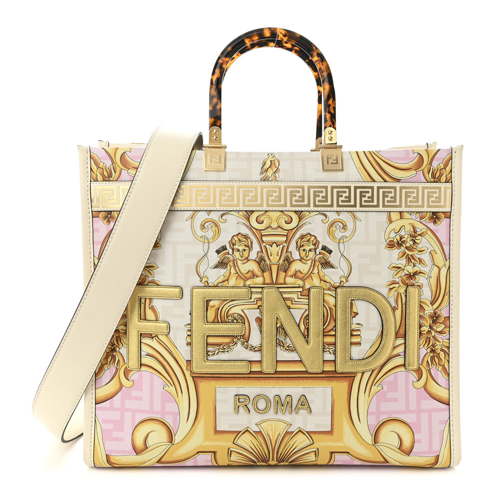 X VERSACE Calfskin Plexiglass Fendace FF Baroque Print Medium Fendi Sunshine Shopper Tote Gold Rosa White Ice Ciad