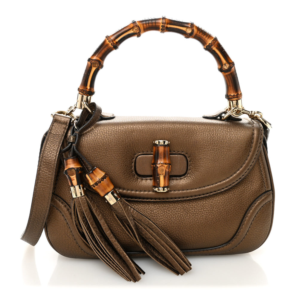 Metallic Calfskin Medium New Bamboo Top Handle Bag Bronze