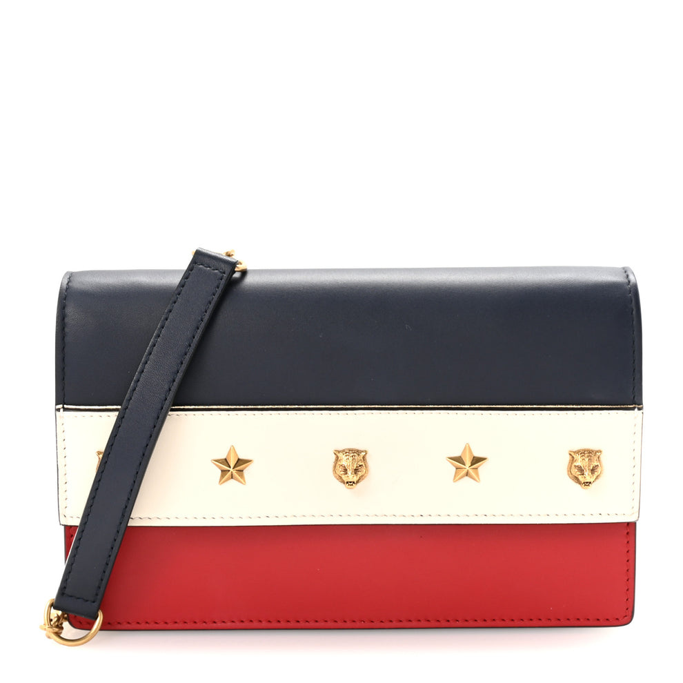 Calfskin Tiger Studded Chain Wallet Blue Agata Hibiscus Red Mystic White