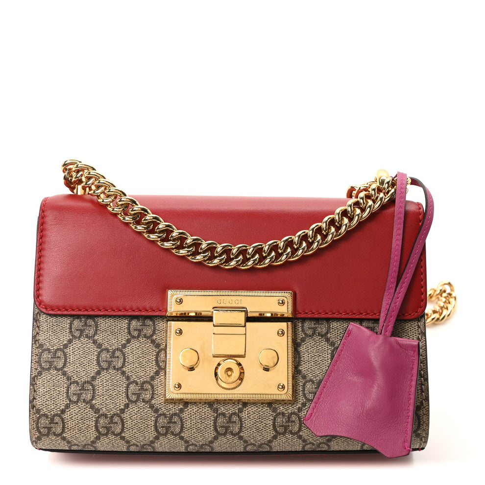 GG Supreme Monogram Calfskin Small Padlock Shoulder Bag Beige Hibiscus Red New Rosette