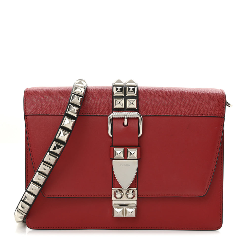 Saffiano City Calfskin Studded Small Elektra Shoulder Bag Fuoco Black