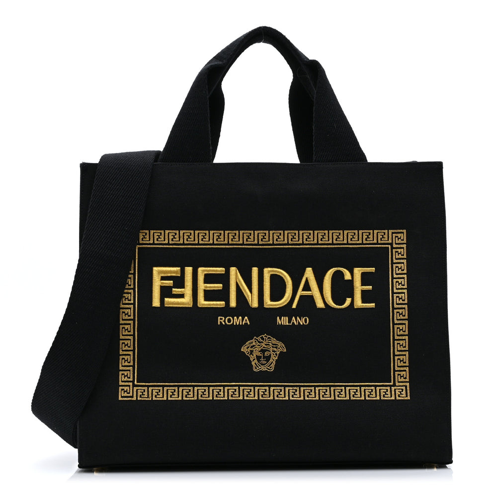 X VERSACE Cotton Canvas Cuoio Romano Fendace Logo Embroidered Signature Shopping Tote Black Gold