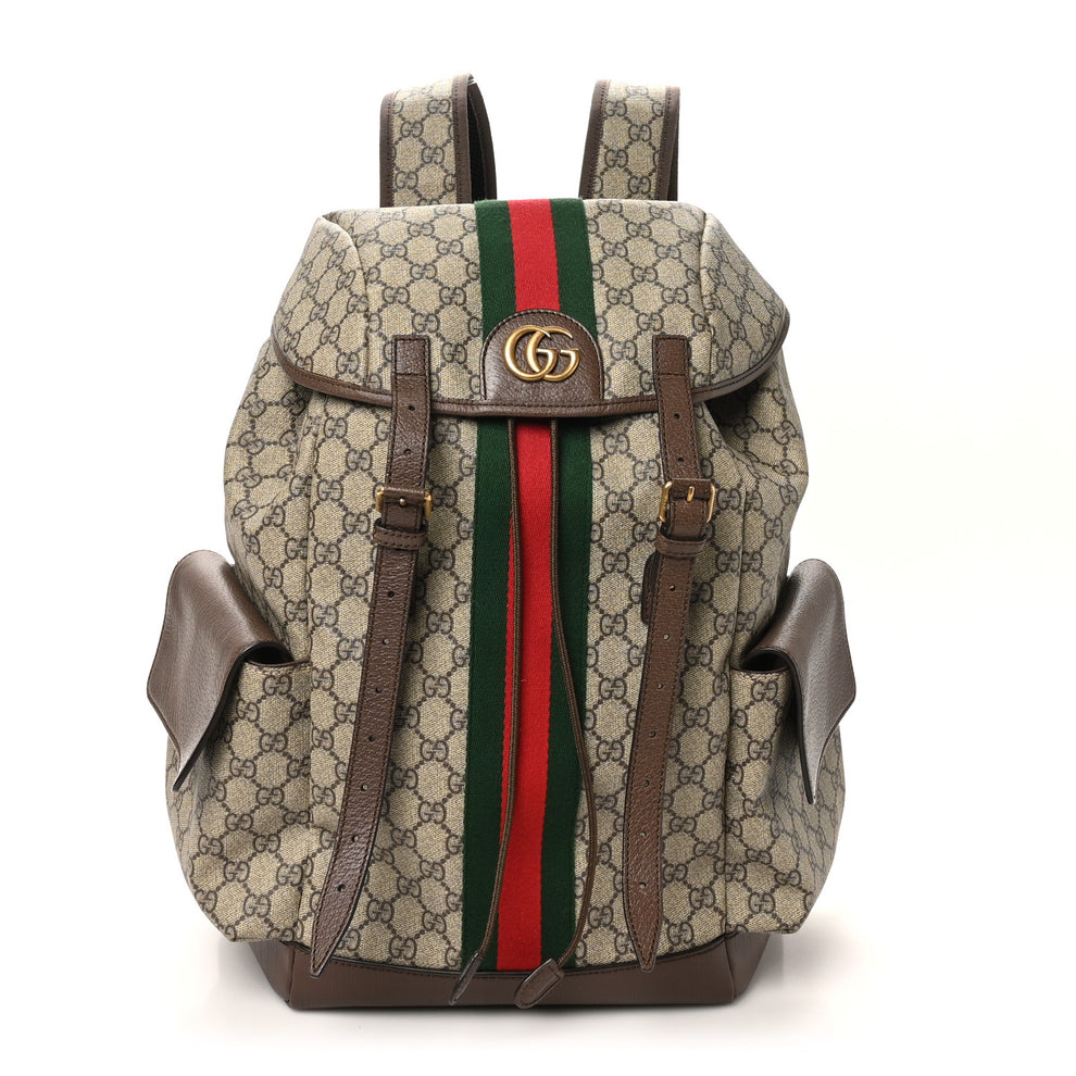 GG Supreme Monogram Medium Ophidia Double Buckle Backpack Brown